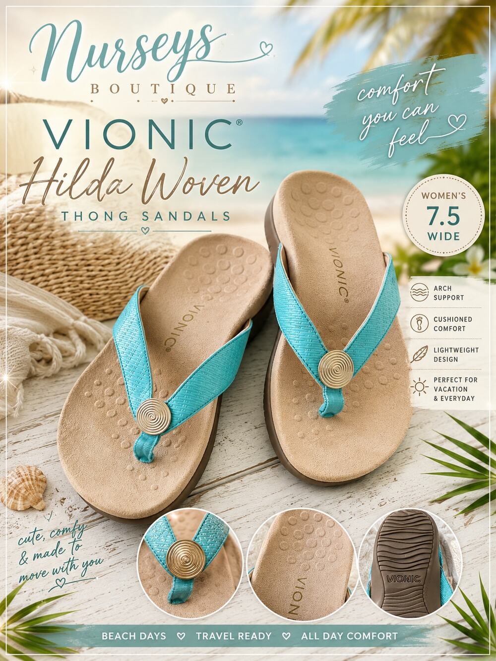 Vionic Hilda Woven Turquoise Thong Sandals Women’s 7.5 Wide